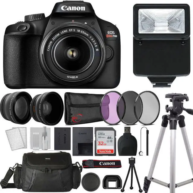 Main image of Canon EOS Rebel T100 with EF-S 18-55mm f/3.5-5.6 III Lens REFURBISHED All You Need Accessory Bundle
