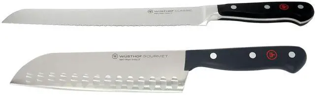 Main image of Wusthof Classic 9" Bread Knife Silver with Wusthof Gourmet 7" Hollow Edge Santoku Knife Black