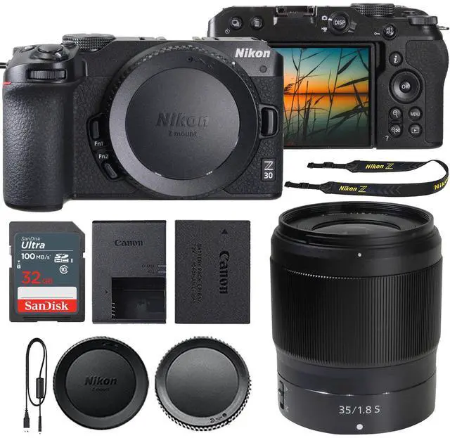 Main image of Nikon Z 30 Mirrorless Camera (Black) with Nikon NIKKOR Z 35mm f/1.8 S Lens and SanDisk 32GB SDHC Memory Card + Camera Case