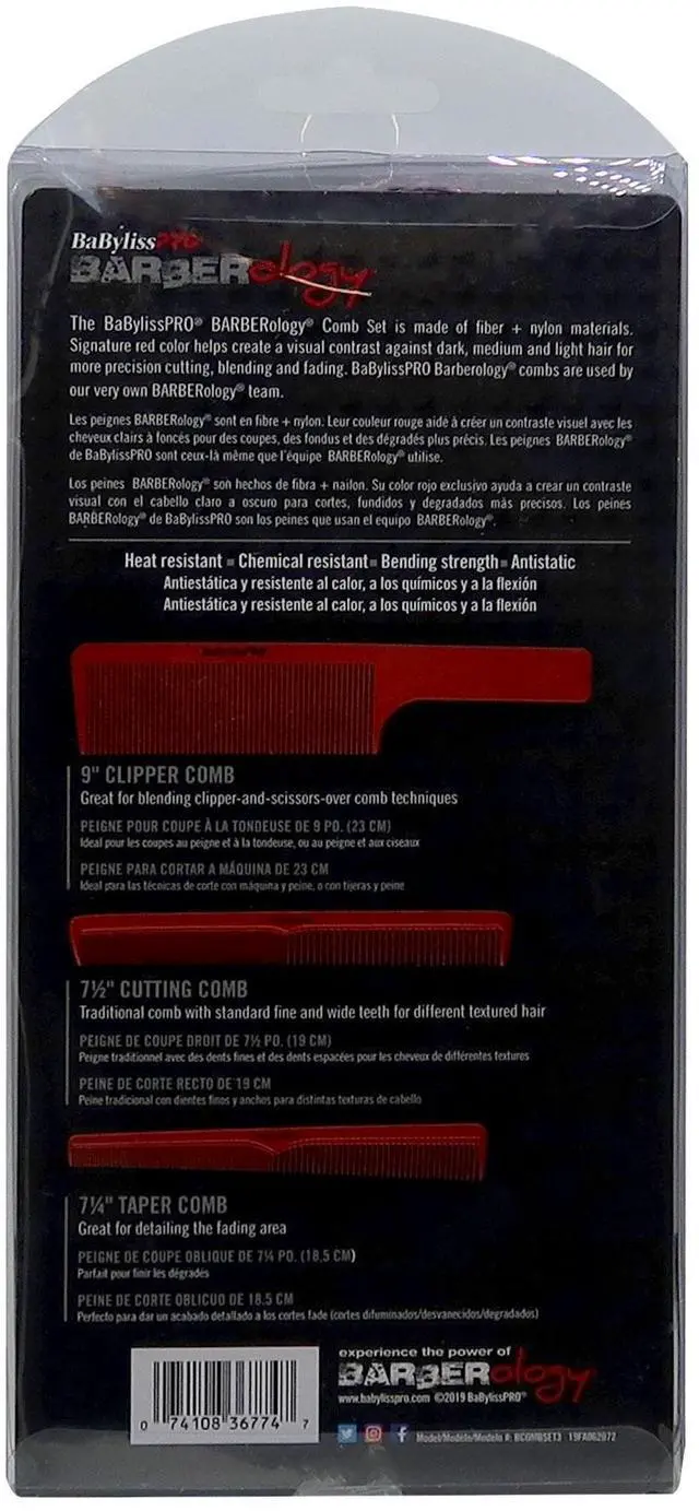 Alt view image 3 of 3 - Babyliss Pro Barberology Comb Set (Clipper, Cutting, Taper Combs) - Red