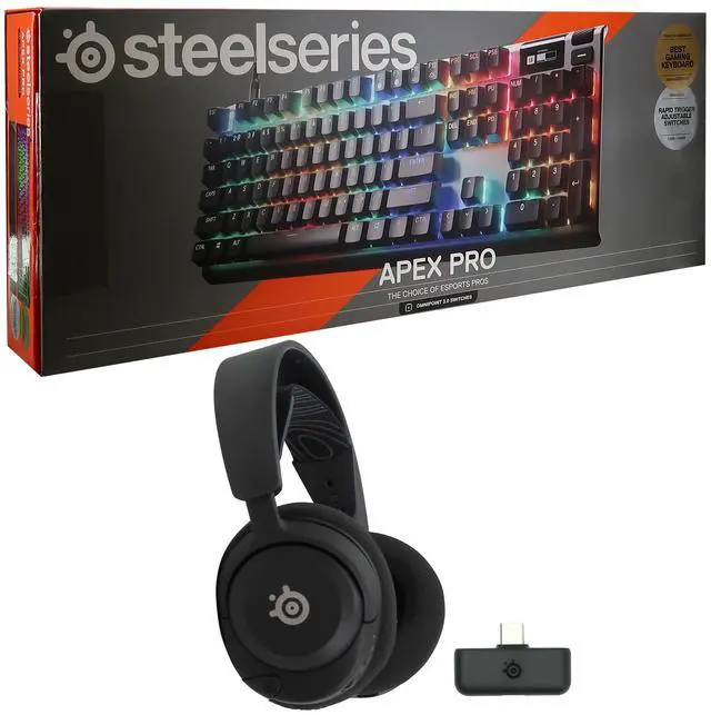 Main image of SteelSeries Apex Pro Full Size Wired OmniPoint Gaming Keyboard Gen 3 with SteelSeries Arctis Nova 5 Wireless Gaming Headset