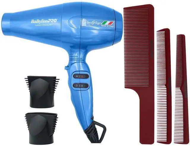 Main image of Babyliss Pro Nano Titanium Portofino 6600 Full-Size Hair Dryer Blue BNT6610N with Barberology Comb Set (Clipper, Cutting, Taper Combs) - Red