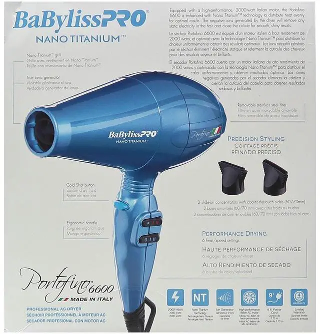 Alt view image 6 of 7 - Babyliss Pro Nano Titanium Portofino 6600 Full-Size Hair Dryer Blue BNT6610N with Barberology Comb Set (Clipper, Cutting, Taper Combs) - Red