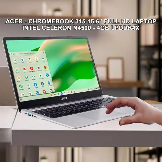 Alt view image 2 of 7 - Acer Chromebook 315 15.6" Full HD Laptop - Intel Celeron N4500, 4GB LPDDR4X, 64GB eMMC (Sparkly Silver) with Case + Poly Blackwire 5220 Stereo Wired Headset Bundle