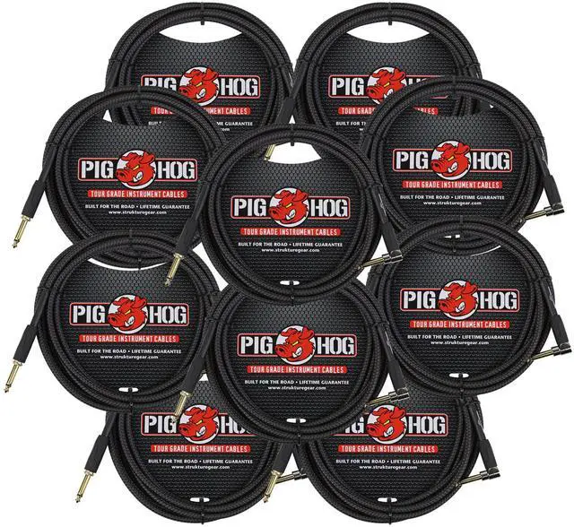 Main image of 10x Pig Hog Black Woven Tour Grade Instrument Cable 1/4" to 1/4" Right Angle 10ft , PCH10BKR