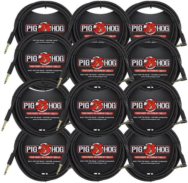 Main image of 12x Pig Hog Black Woven Tour Grade Instrument Cable 1/4" to 1/4" Right Angle 10ft , PCH10BKR