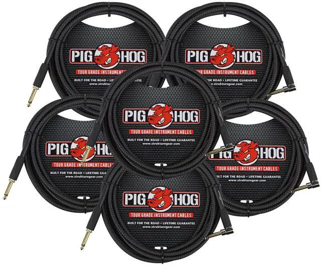 Main image of 6x Pig Hog Black Woven Tour Grade Instrument Cable 1/4" to 1/4" Right Angle 10ft , PCH10BKR
