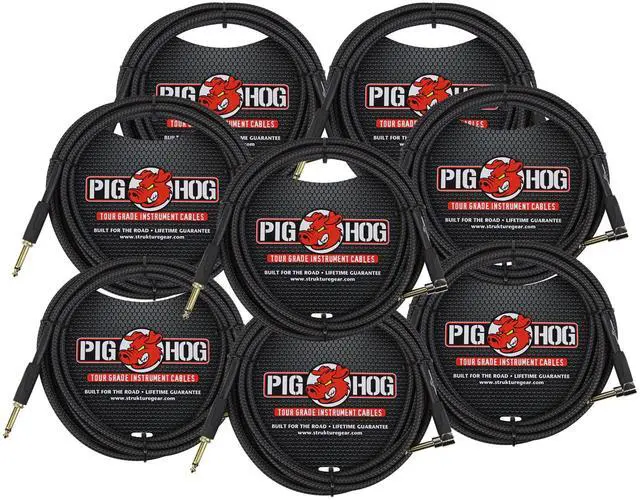 Main image of 8x Pig Hog Black Woven Tour Grade Instrument Cable 1/4" to 1/4" Right Angle 10ft , PCH10BKR