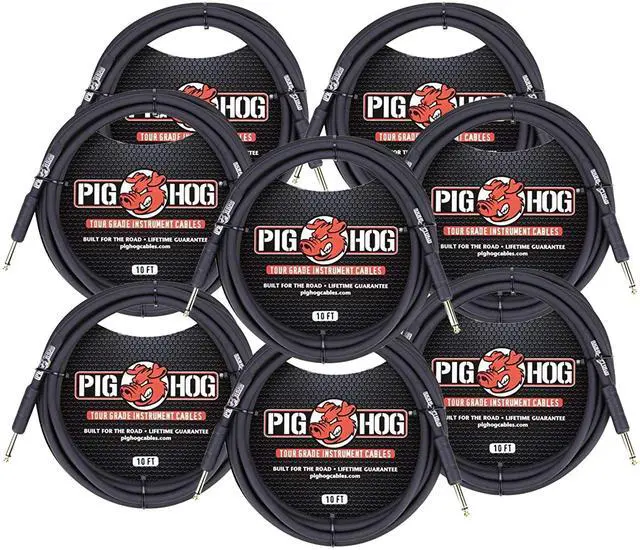 Main image of 8x Pig Hog Tour Grade 10ft Instrument Cable 1/4" to 1/4" Straight Connectors Black - PH10