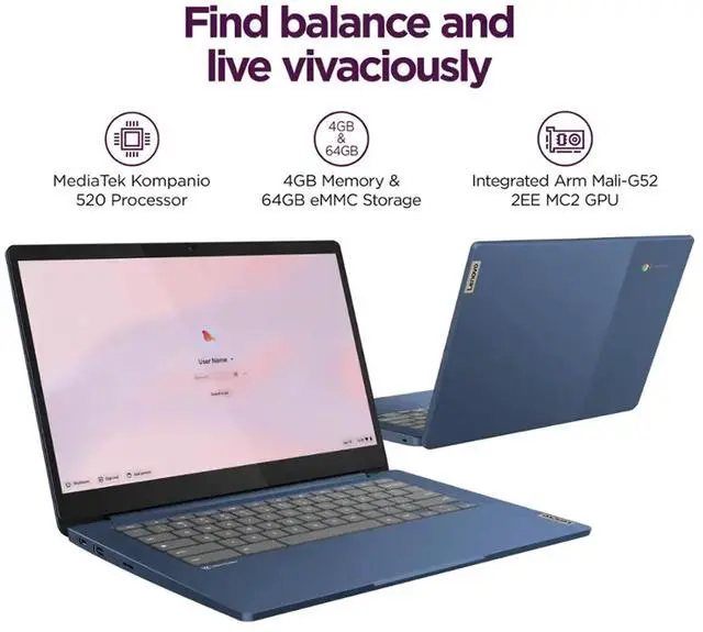 Alt view image 6 of 7 - Lenovo IdeaPad Slim 3 Chromebook 14" Full HD Laptop - MediaTek Kompanio 520 - 4GB Memory - 64GB eMMC (Abyss Blue)