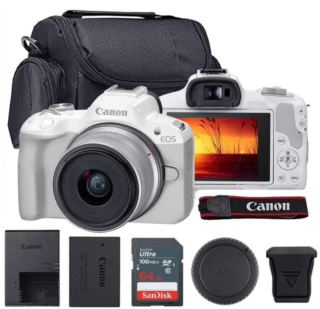 Main image of Canon EOS R50 Mirrorless Camera with 18-45mm Lens (White) and SanDisk 64GB Ultra SDXC UHS I Memory Card + Case