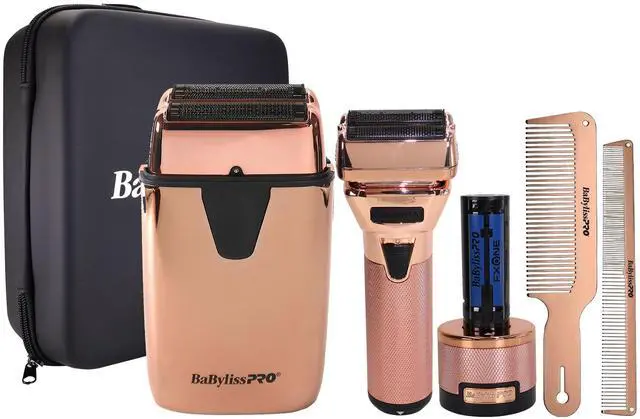 Main image of BaByliss Pro FXONE ROSEFX Interchangeable-Battery Shaver FX79FSRG + LIMITED EDITON UVFOIL UV-Disinfecting Double Foil Shaver FXLFS2RG Rose Gold Barber Accessory Bundle