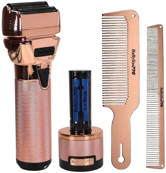 Main image of BaByliss Pro FXONE ROSEFX All-Metal Interchangeable-Battery Shaver FX79FSRG with Barberology Metal Comb Set 9" Clipper Comb and 7.5" Cutting Comb Rose Gold