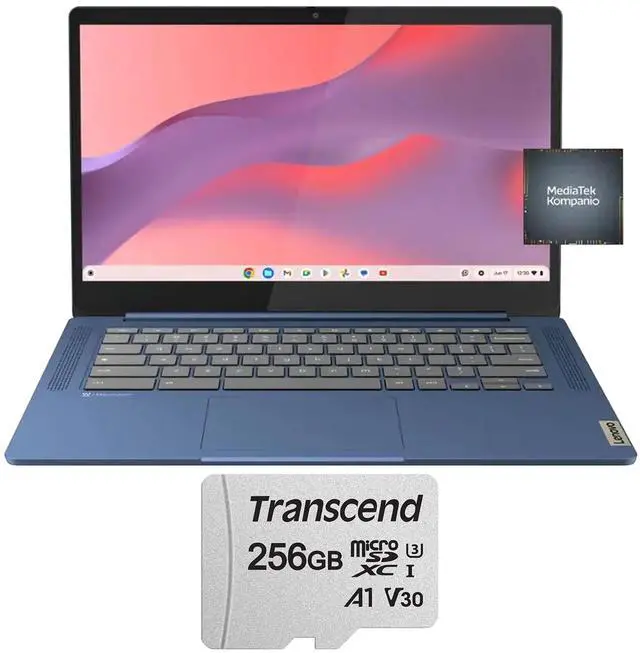 Main image of Lenovo IdeaPad Slim 3 Chromebook 14" Full HD Laptop - MediaTek Kompanio 520 - 4GB Memory - 64GB eMMC (Abyss Blue) with Transcend 256GB 300S UHS-I microSDXC Memory Card