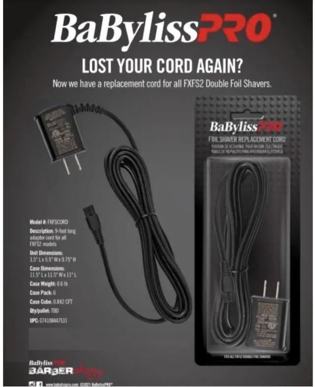 Alt view image 4 of 7 - Babyliss Pro Foil Shaver Replacement Power Cord Charger For FXFS2 Double Foil Shaver with Fade Brush and 9" Comb