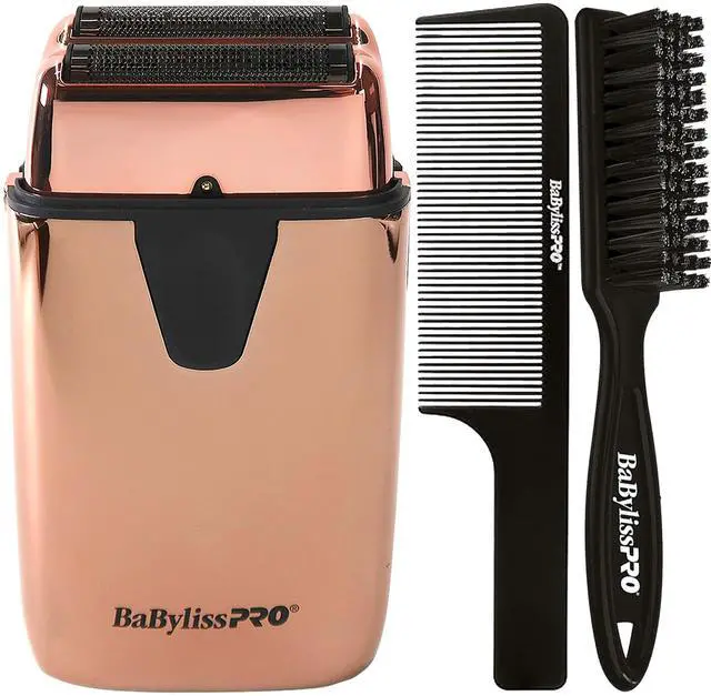 Main image of BaByliss Pro LIMITED EDITON UVFOIL UV-Disinfecting Metal Double Foil Shaver FXLFS2RG (Rose Gold) with Fade Brush and 9" Comb