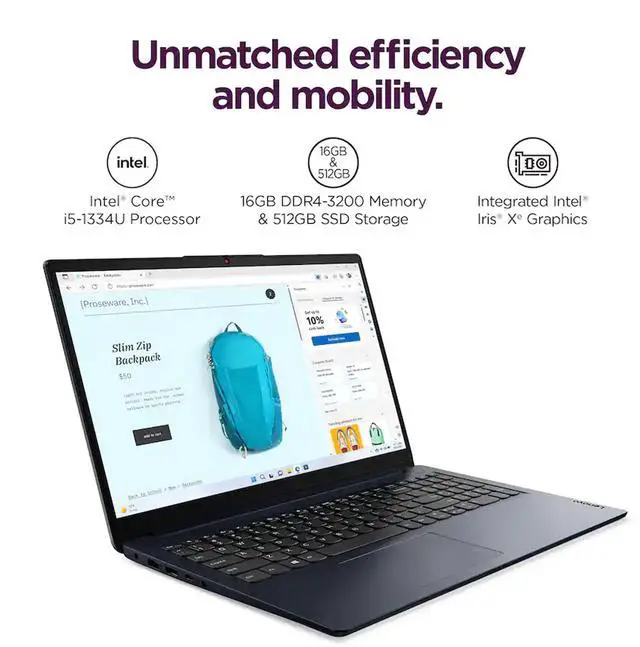 Alt view image 2 of 7 - Lenovo Ideapad 1i 15.6" Full HD Touchscreen Laptop Intel Core i5-1334U - 16GB Memory, 512GB SSD (Abyss Blue) with Splash Proof Laptop Bag and Cables