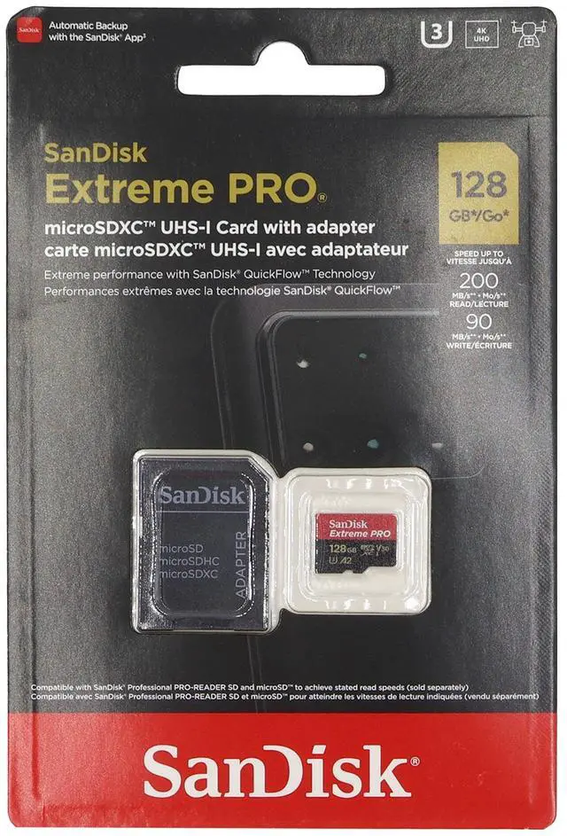 Alt view image 4 of 4 - SanDisk 128GB Extreme PRO® microSD UHS-I Card with Adapter C10, U3, V30, A2, 200MB/s Read 90MB/s Write SDSQXCD-128G-GN6MA