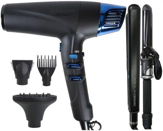 Main image of BaByliss Pro Limited-Edition Nano Titanium Professional High-Speed Dual Ionic Dryer Black & Blue BNTMB9100 + Porcelain Ceramic Limited Edition Straightening Iron 1" and Spring Curling Iron 1¼" Styling