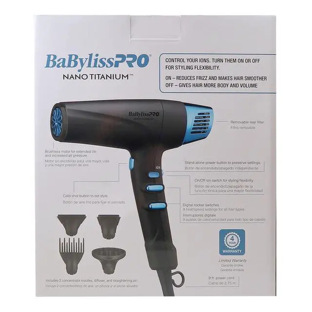 Alt view image 6 of 7 - BaByliss Pro Limited-Edition Nano Titanium Professional High-Speed Dual Ionic Dryer Black & Blue BNTMB9100 + Porcelain Ceramic Limited Edition Straightening Iron 1" and Spring Curling Iron 1¼" Styling