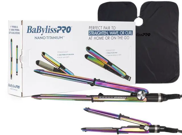 Main image of BaByliss Pro Nano Titanium Prima3100 & Prima2000 Styling Irons Prepack BNTPK1RB (Iridescent) with Barberology Professional Cutting Cape