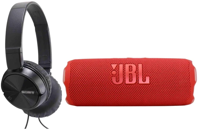 Main image of JBL Flip 7 Portable Waterproof Bluetooth Speaker (Red) with Wired Headphones (Black)