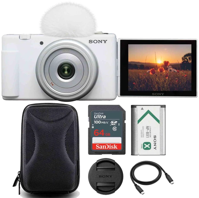 Main image of Sony ZV-1F Vlogging Camera for Content Creators and Vloggers (White) with 64GB Ultra SDXC UHS I Memory Card and Camera Case