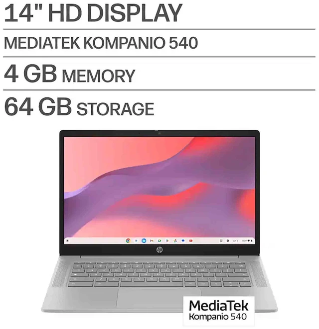 Alt view image 2 of 7 - HP 14" Chromebook HD Laptop - MediaTek Kompanio 540 - 4GB Memory, 64GB eMMC (Modern Gray)