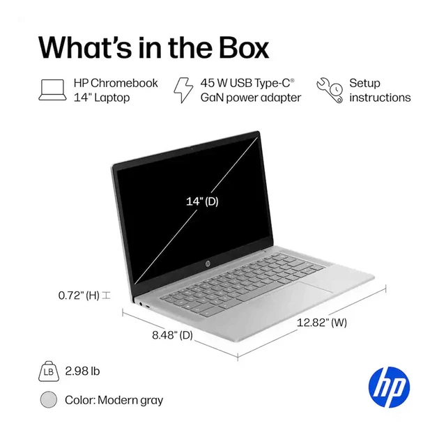 Alt view image 7 of 7 - HP 14" Chromebook HD Laptop - MediaTek Kompanio 540 - 4GB Memory, 64GB eMMC (Modern Gray)