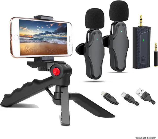 Alt view image 3 of 7 - Vidpro Dual Wireless Lavelier Microphone Set 60 ft Range 2.4GHz Crystal Clear Audio for Smartphones with Phone Stand for Podcasting