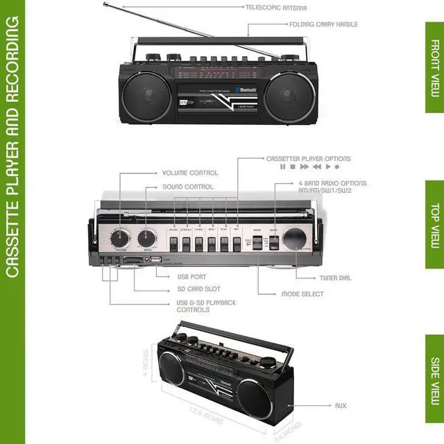 Alt view image 4 of 9 - riptunes cassette boombox, retro blueooth boombox, cassette player and recorder, am/fm/sw1sw2 radio4band radio, usb, sd, and aux in, black