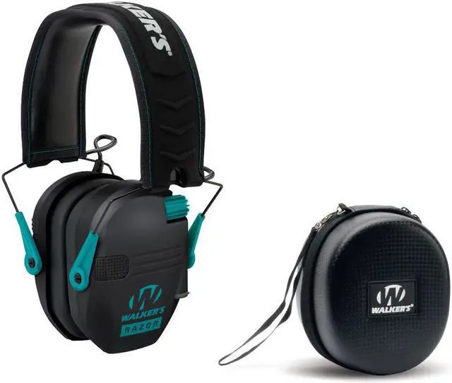 Main image of Walker's Razor Slim Electronic Muff (Black/Teal) with Hearing Protection Case