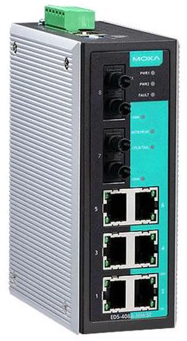 Main image of Moxa EDS-408A-MM-ST - Entry-level managed Ethernet switch with 6 10/100BaseT(X) ports, and 2 100BaseFX multi-mode ports with ST