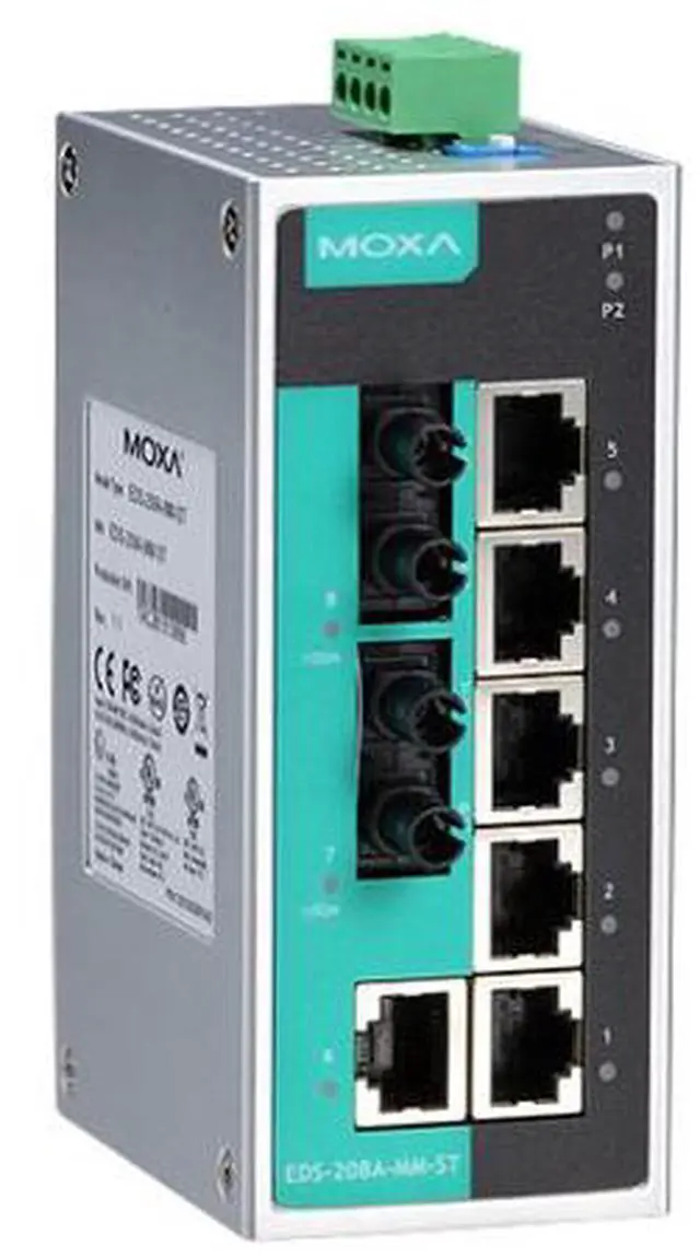 Main image of Moxa EDS-208A-MM-ST - Unmanaged Ethernet switch with 6 10/100BaseT(X) ports, and 2 100BaseFX multi-mode ports with ST connectors