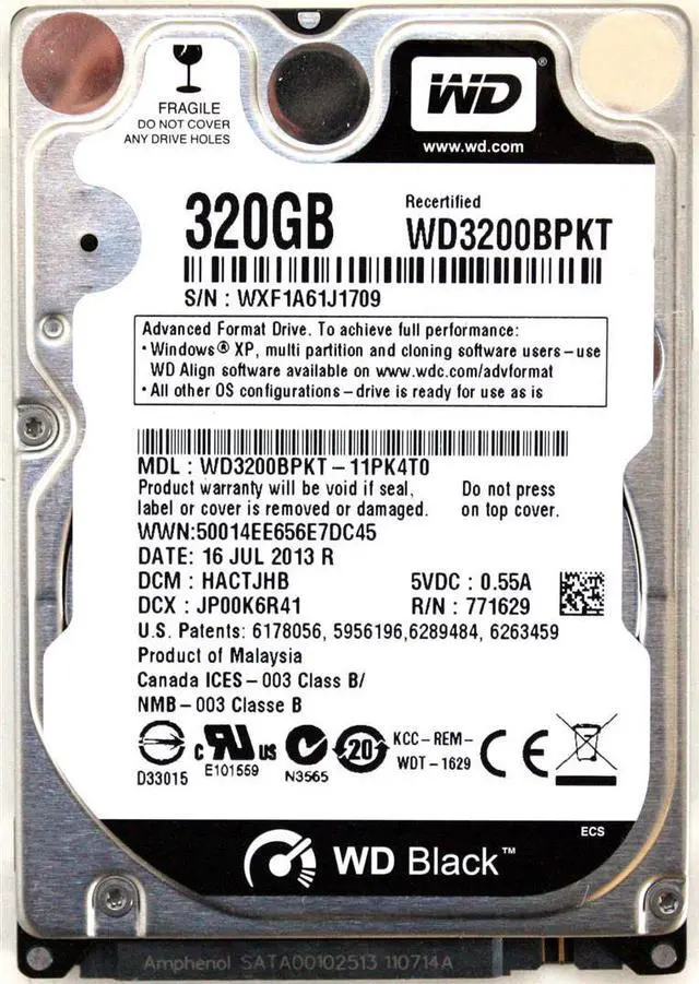 Main image of WD BLACK 320GB 2.5\'\' HDD WD3200BPKT, 16JUL2013 R, DCM: HACTJAB