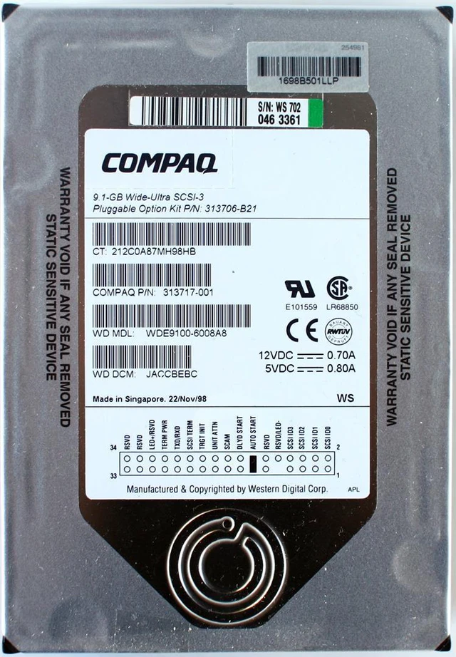 Main image of 9.1GB WU SCSI-3 PLUGGABLE, 313706-B21, 313717-001, WDE9100-6008A8, DCM: JACCBEBC