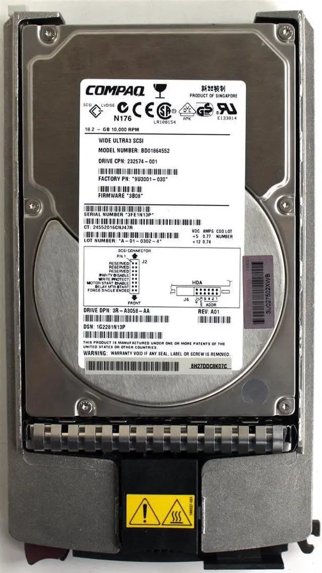Disque Dur Compaq 36,4 Go BD03664545 - 10K U3 SCSI 80 Broches - Occasion
