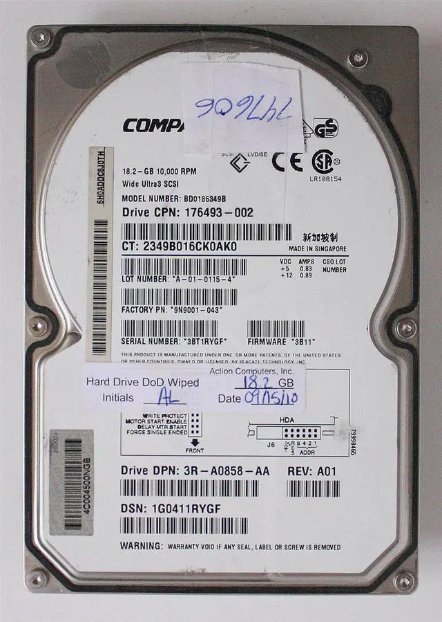 Main image of 18.2GB 10K WU3 SCSI HDD, BD0186349B, 176493-002, 9N9001-043,FW: 3B11, DP/N: 3R-A0858-AA REV.A01