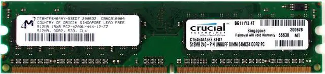 Main image of MEMORY, MT8HTF6464AY-53ED7 512MB 1RX8 PC2-4200U-444-12-ZZ 512MB, DDR2, 533, CL4, CT6464AA53E.8FD7