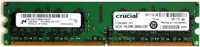 Main image of 1GB 240P DIMM 128MX64 DDR2 PC2-5300 MT16HTF12864AY-667G1, CT12864AA667.16FG