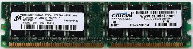 Main image of MEMORY MT16VDDT6464AG-335C4 PC2700U-25331-B1 512MB DDR 333 CL2.5, CT6464Z335.16T