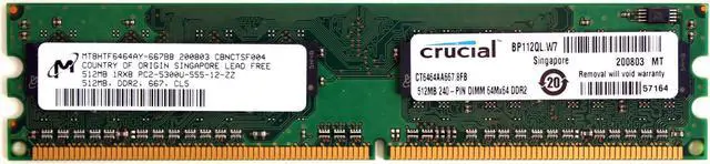 Main image of MEMORY 512MB,DDR2,667,CL5 1RX8 PC2-5300U, CT6464AA667.8FB