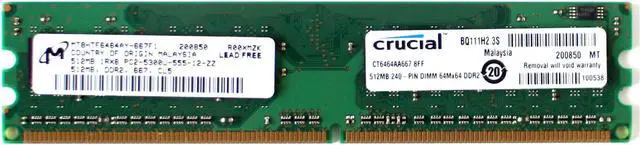 Main image of MEMORY 512MB 1RX8 PC2-5300U-555-12-ZZ, DDR2,667,CL5, CT6464AA667.8FF 240-PIN DIMM 64Mx64 DDR2