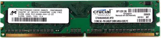 Main image of MEMORY 512MB,DDR2,533,CL4, 1RX8 PC2-4200U-444-12-ZZ, CT6464AA53E.8FD