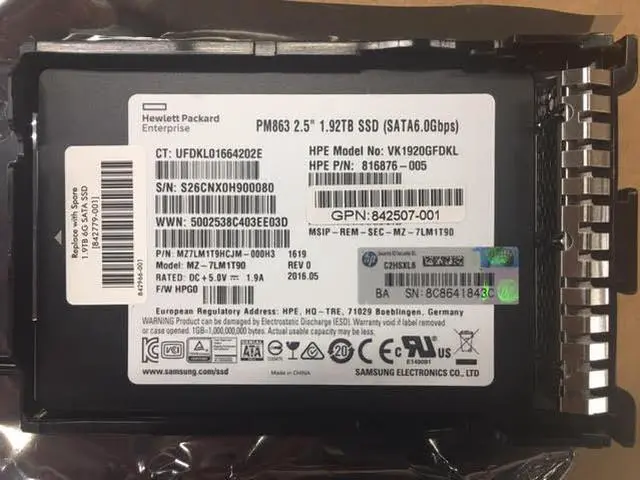 Alt view image 3 of 4 - HP PM863 2.5" 1.92TB SSD SATA6.0Gbps VK1920GFDKL P/N : 816876-005 GPN:842507-001 Model: MZ-7LM1T90