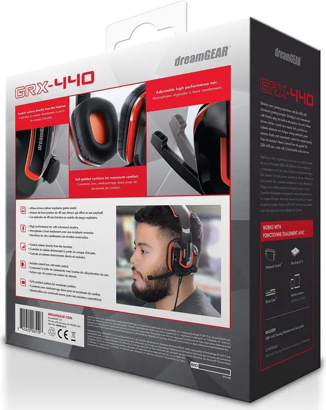 Alt view image 5 of 19 - dreamGEAR GRX-440 Wired High Performance Headset + Mic and Volume Controls for Nintendo Switch, PS4, and Xbox One - Red/Black