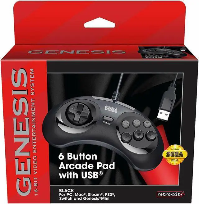 Alt view image 7 of 7 - Retro-Bit Official Sega Genesis USB Controller 6-Button Arcade Pad for Sega Genesis Mini, PS3, PC, Mac, Steam, Nintendo Switch - USB Port - Black