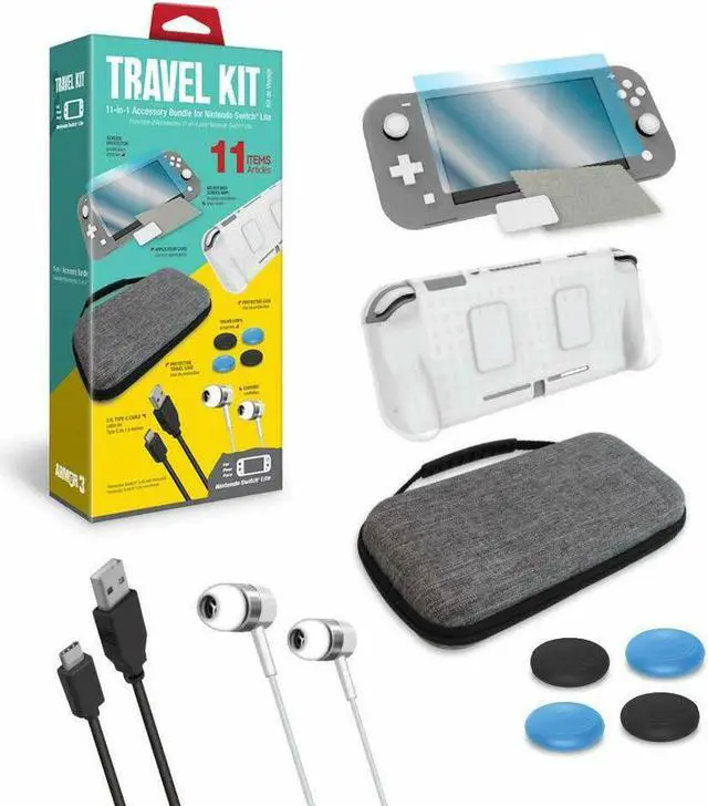 Main image of Armor3 Travel Kit: Travel Case, Protective Case, Screen Protector, Earbuds, Type-C Charging Cable, Thumb Grips, Microfiber Screen Wipe for Nintendo Switch Lite
