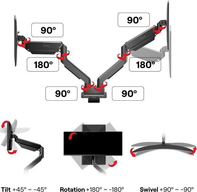 Alt view image 7 of 7 - Pixio PS2D Heavy-duty Gas Spring Fully Adjustable Universal Mount 100x100mm 75x75mm Premium Dual Monitor Desk Mount, Supports two monitors up to 35" & 33lbs
