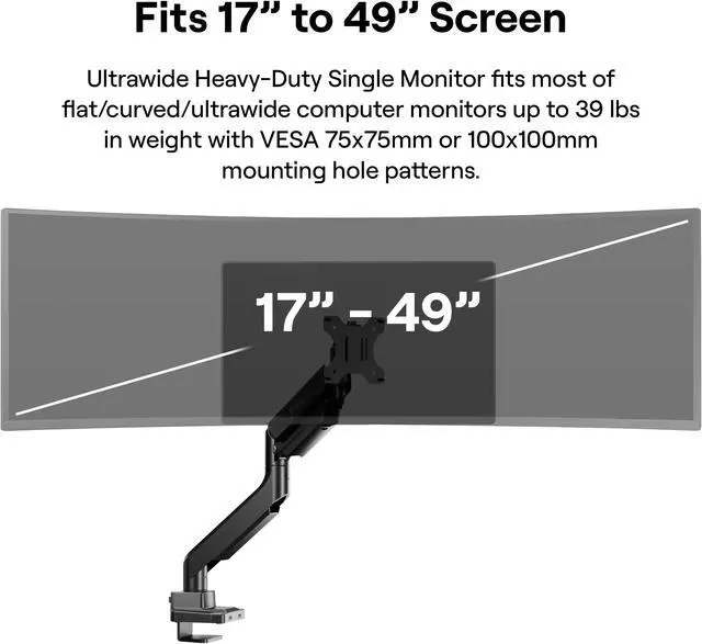 Alt view image 2 of 7 - Pixio PS2S Heavy-duty Gas Spring Fully Adjustable Universal Mount 100x100mm 75x75mm Premium Single Monitor Desk Mount, Supports monitors up to 49" 30.8lbs (curved) 39.6" (flat)